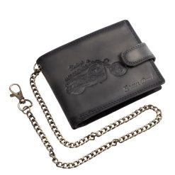 Karakteres megjelenésű, prémium minőségű, valódi bőr férfi pénztárca, amelyet a vintage stílus és a motoros életérzés ihletett, díszdobozos kivitelben.