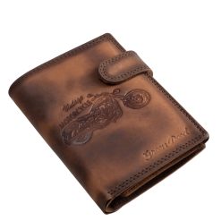 Álló kivitelű, antikolt hatású, valódi bőr férfi irattartó pénztárca a GreenDeed márka időtálló minőségét és a motoros életérzés karakteres stílusát ötvözi.