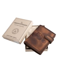 Álló kivitelű, antikolt hatású, valódi bőr férfi irattartó pénztárca a GreenDeed márka időtálló minőségét és a motoros életérzés karakteres stílusát ötvözi.