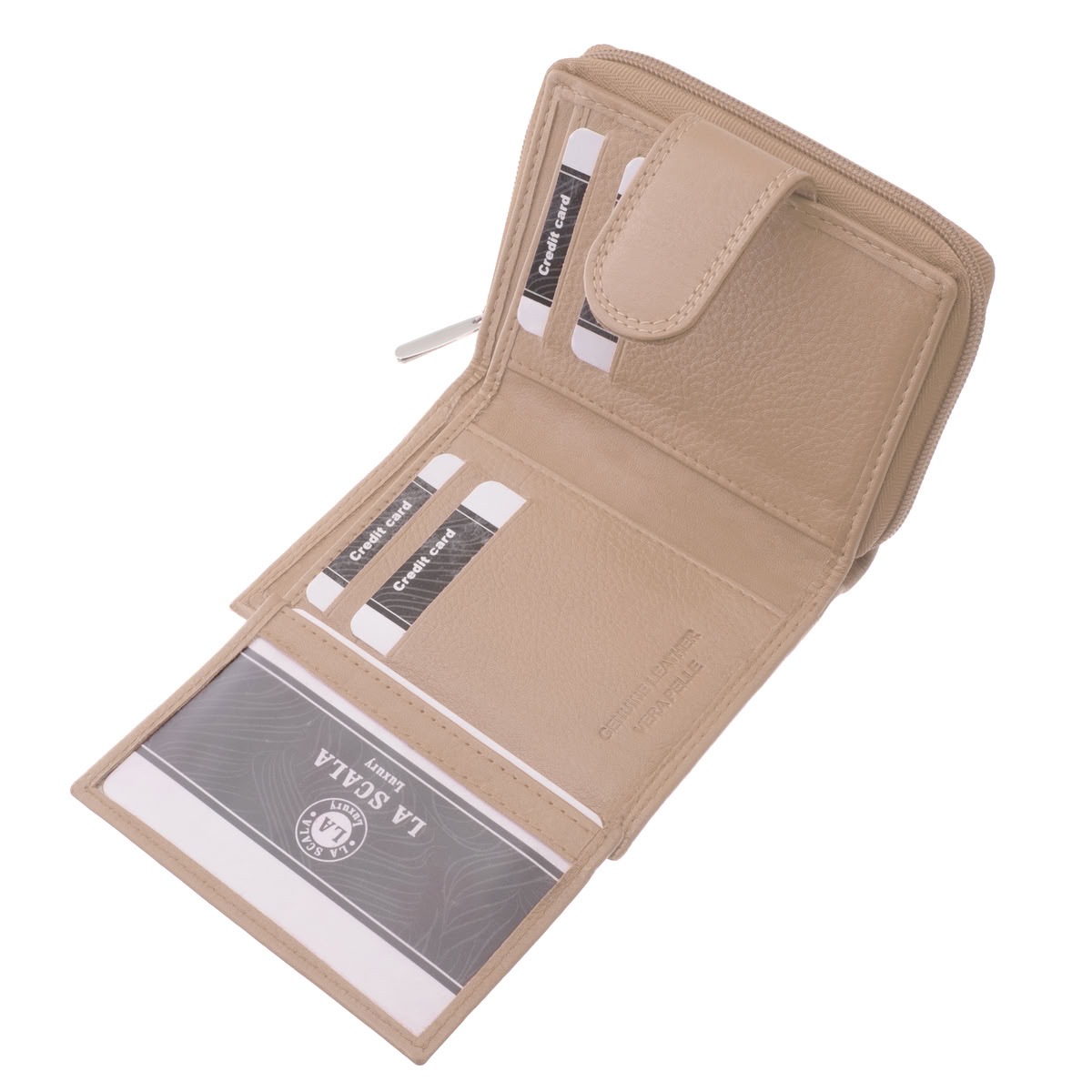 kismeretu-noi-bor-penztarca-La-Scala-#-ANC-LL2-#-halvany-beige-04 Stílusos, kis méretű női bőr pénztárca valódi bőrből, divatos színekben. Praktikus, kompakt kialakítású, és RFID védelemmel is elláttuk.