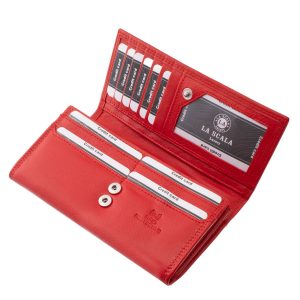 Ez a nagy méretű női pénztárca valódi, finom tapintású nappa bőrből készült, fedelén a LA SCALA Luxury márka elegáns bőrbenyomásos logójával.