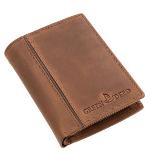 Közepes méretű, sportos dizájnnal rendelkező valódi bőr férfi irattartó pénztárca modell a GreenDeed-től, minőségi, természetes hatású díszdobozban.