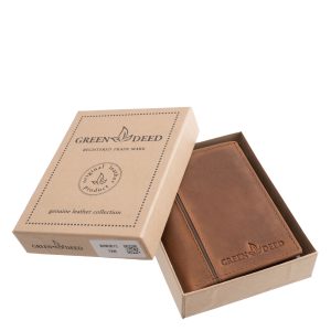 Közepes méretű, sportos dizájnnal rendelkező valódi bőr férfi irattartó pénztárca modell a GreenDeed-től, minőségi, természetes hatású díszdobozban.