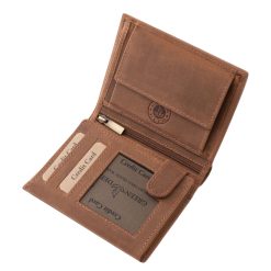Közepes méretű, sportos dizájnnal rendelkező valódi bőr férfi irattartó pénztárca modell a GreenDeed-től, minőségi, természetes hatású díszdobozban.