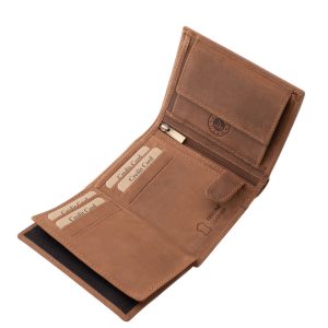 Közepes méretű, sportos dizájnnal rendelkező valódi bőr férfi irattartó pénztárca modell a GreenDeed-től, minőségi, természetes hatású díszdobozban.
